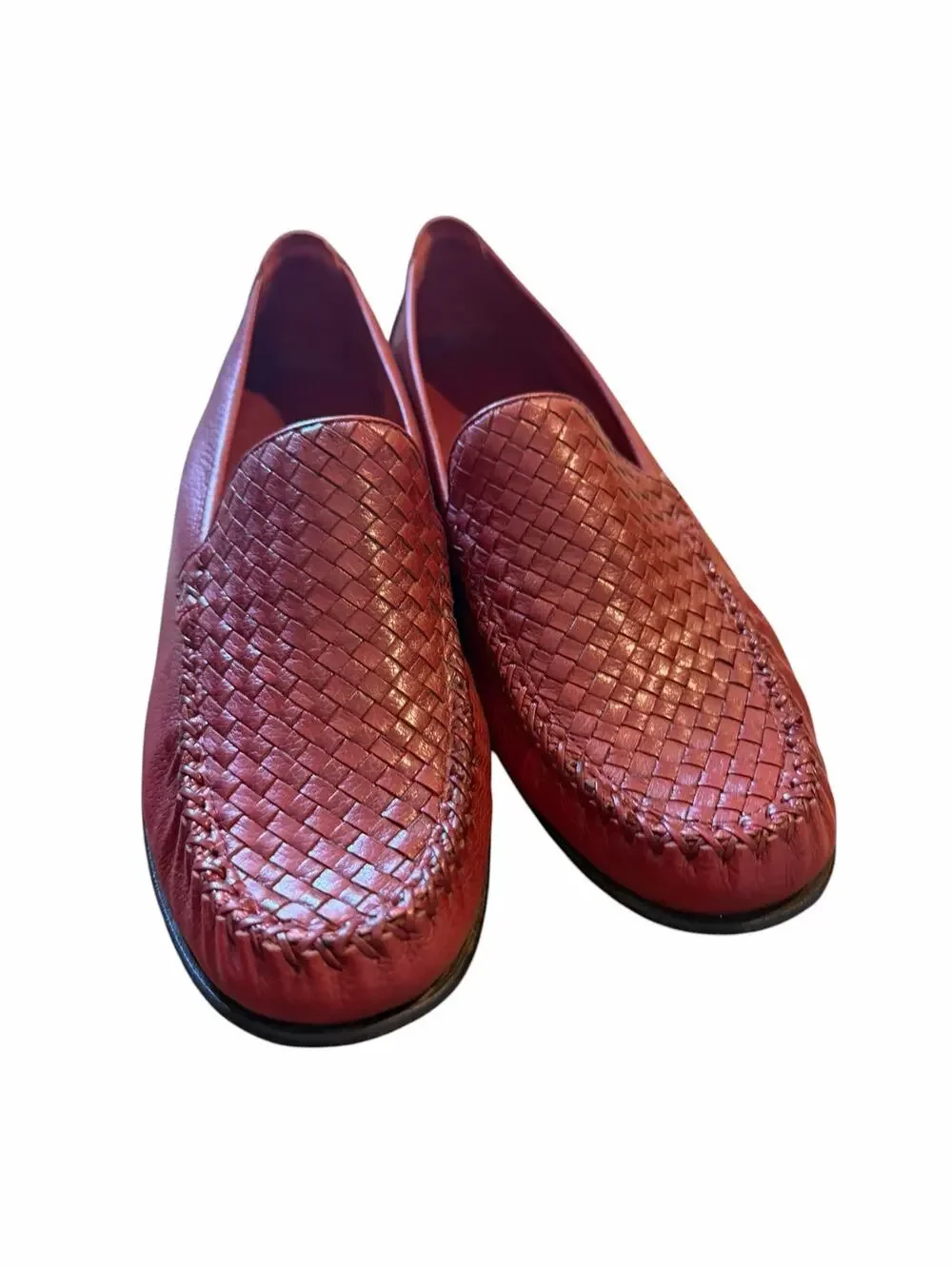 Cole Haan Red Cognac Woven Leather Loafers Women 10B Quiet Luxe Preppy Heritage